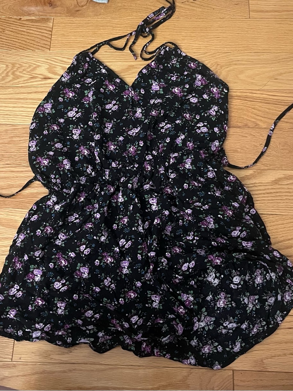 Black Floral Halter Romper with Purple Accents